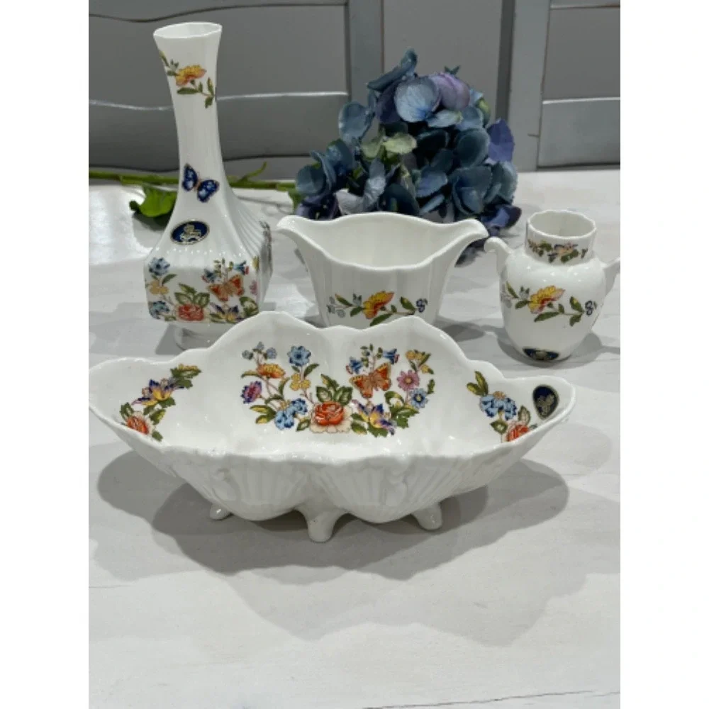 Aynsley Cottage Garden Fine Bone China Vase,‎ Creamer, Sugar, Dish Set